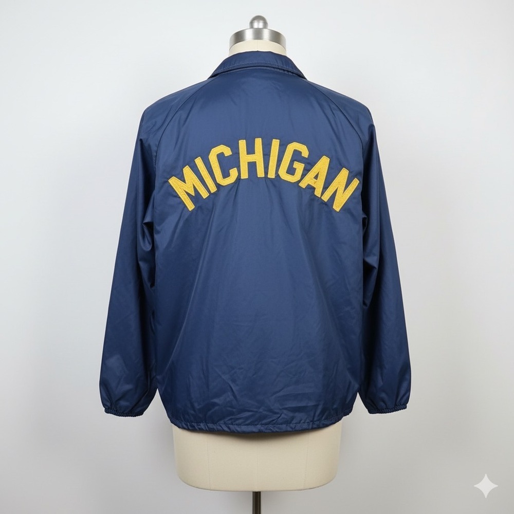 Vintage Michigan Wolverines JEM Jacket Coach NCAA Football‎ Blue Large Nylon 70s